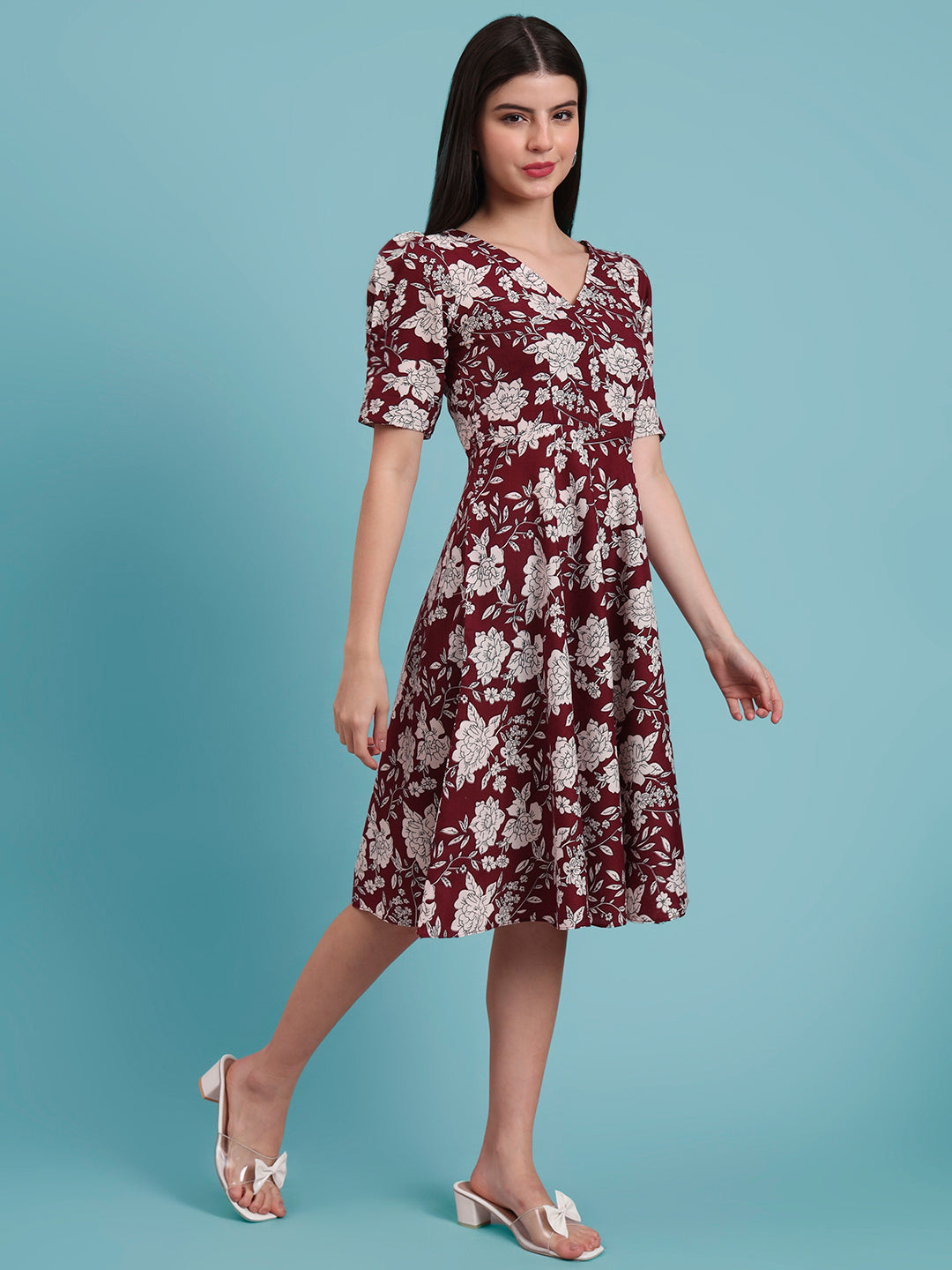 Puff Sleeves Cotton Knee Length Dress