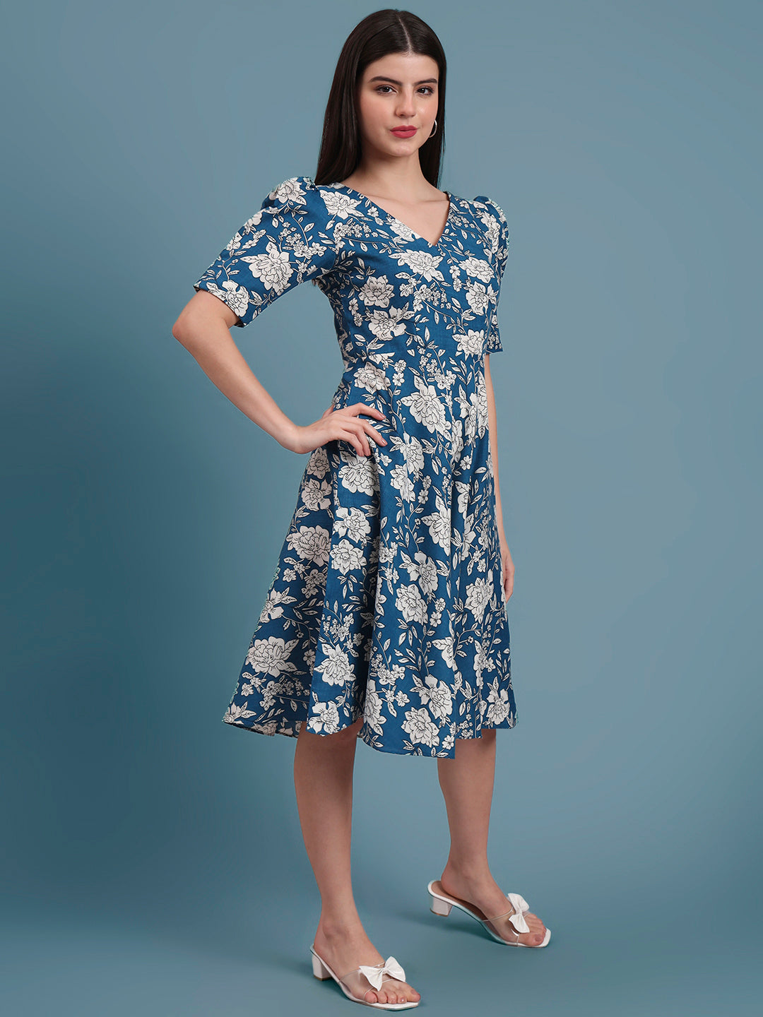 Puff Sleeves Cotton Knee Length Dress