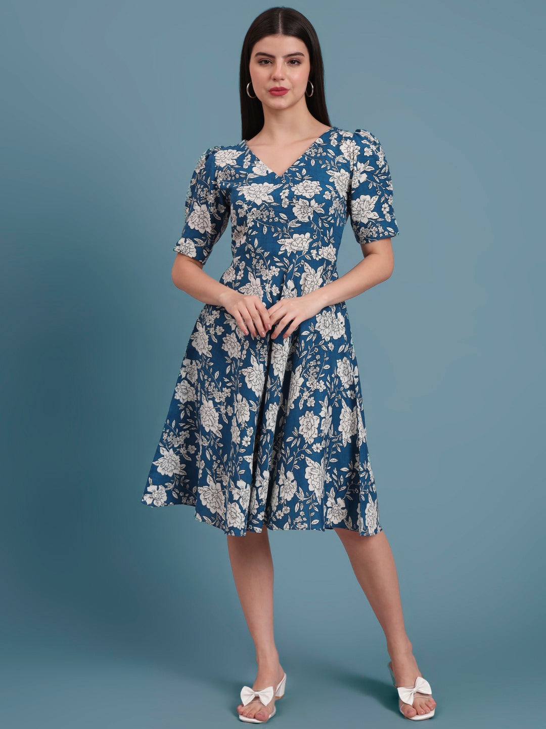Puff Sleeves Cotton Knee Length Dress