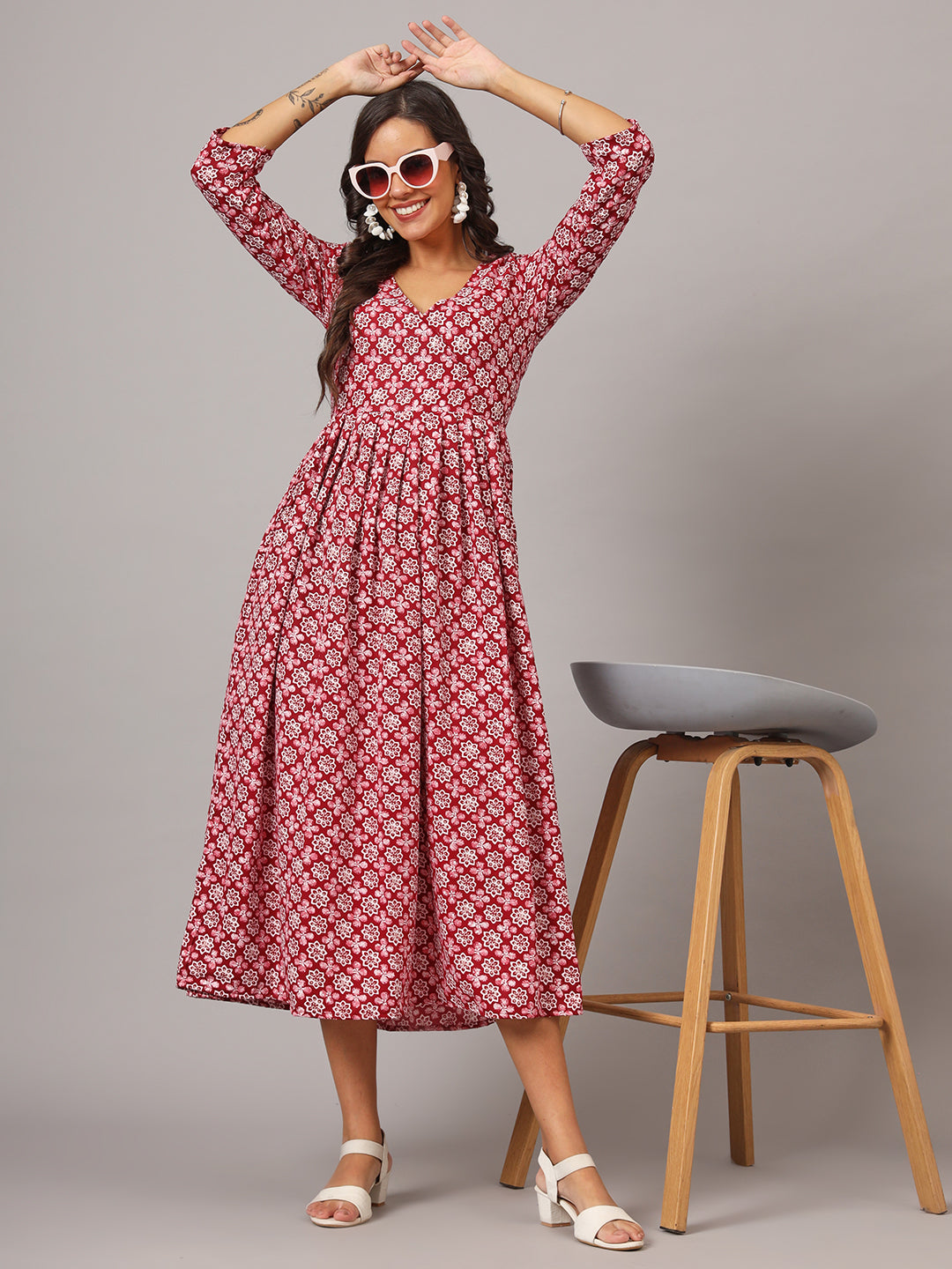 V-neck Calf Length Kurta