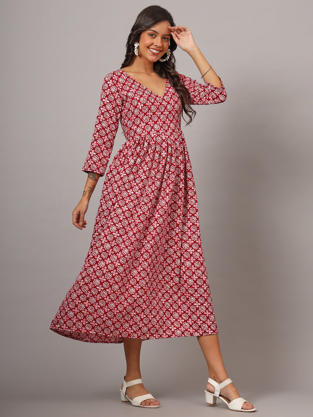 V-neck Calf Length Kurta
