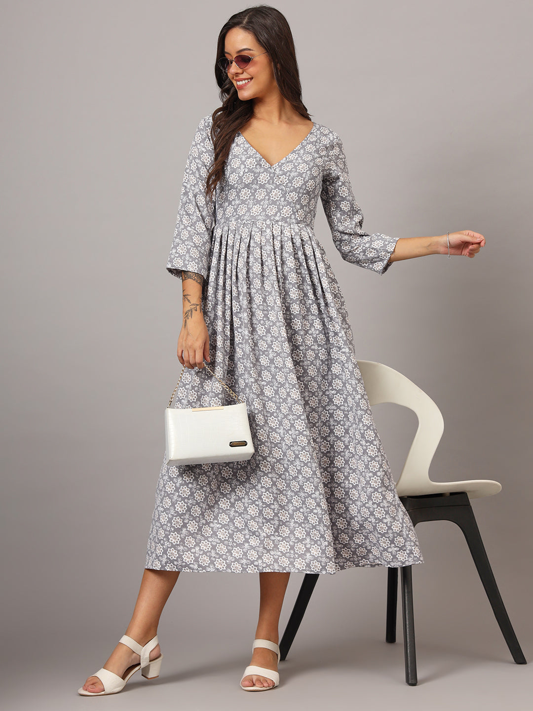 V-neck Calf Length Kurta