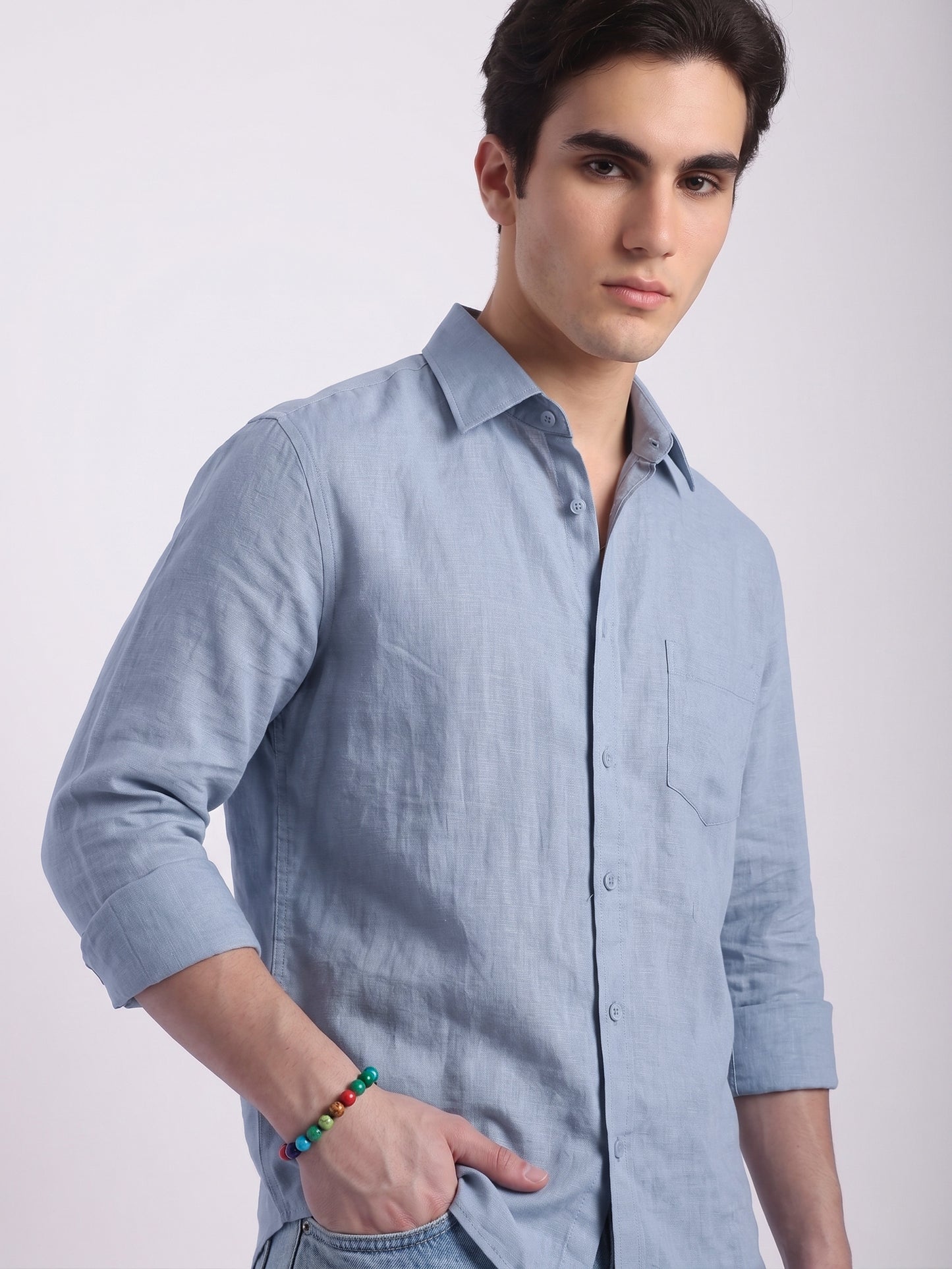 Steel Blue Linen Button-Up Shirt with Chest Pocket – Lightweight Casual Men’s Shirt