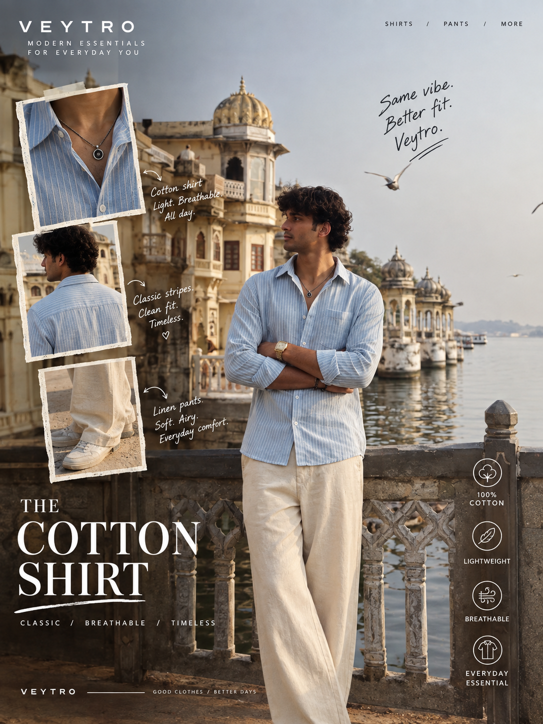 Men’s Turquoise Casual Shirt | Vertical Stripe Pattern | Regular Fit Full Sleeve Shirt with Chest Pocket