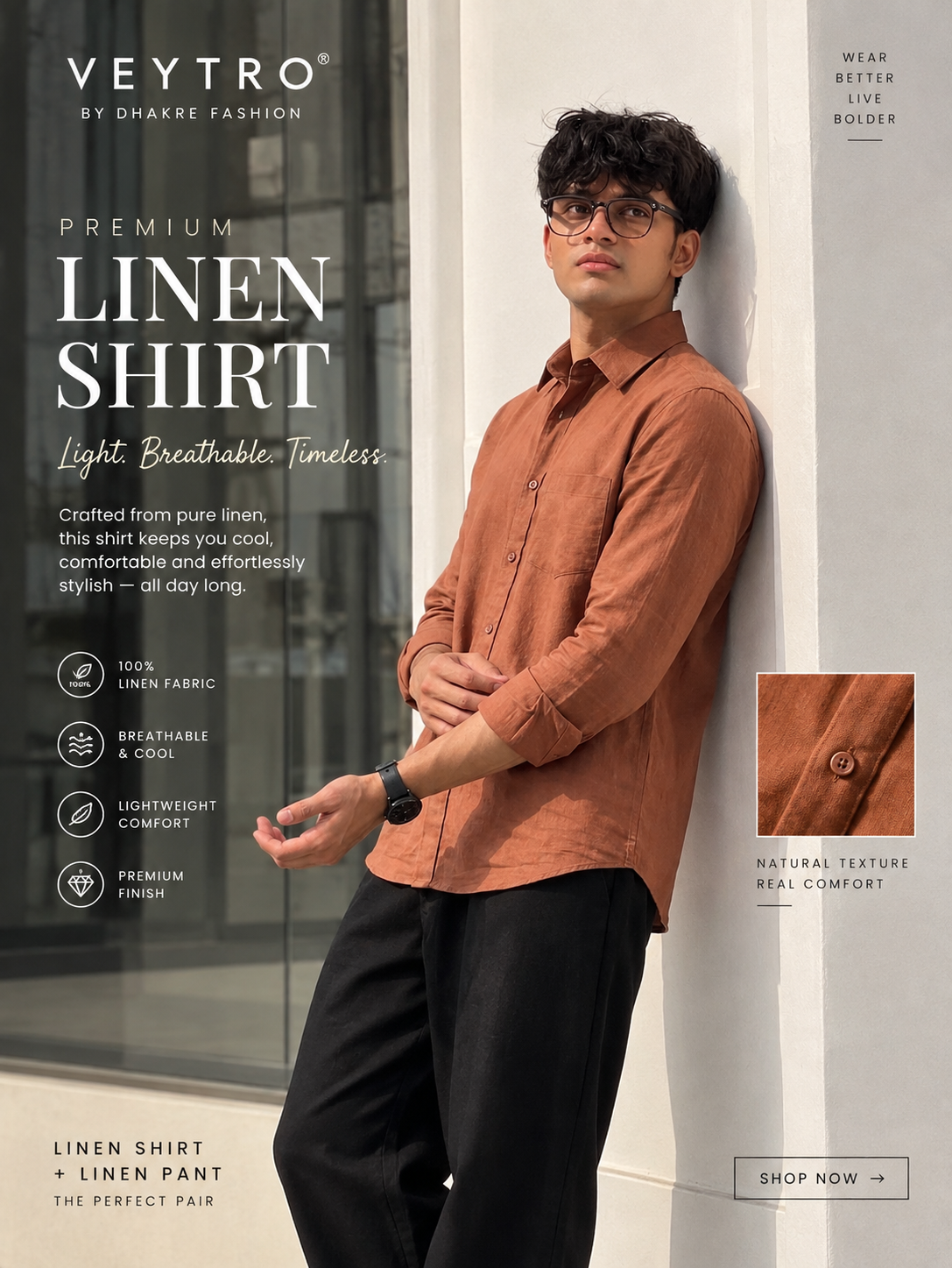 Men’s Rust Brown Cotton Linen Shirt – Premium Casual Shirt | Lightweight & Breathable