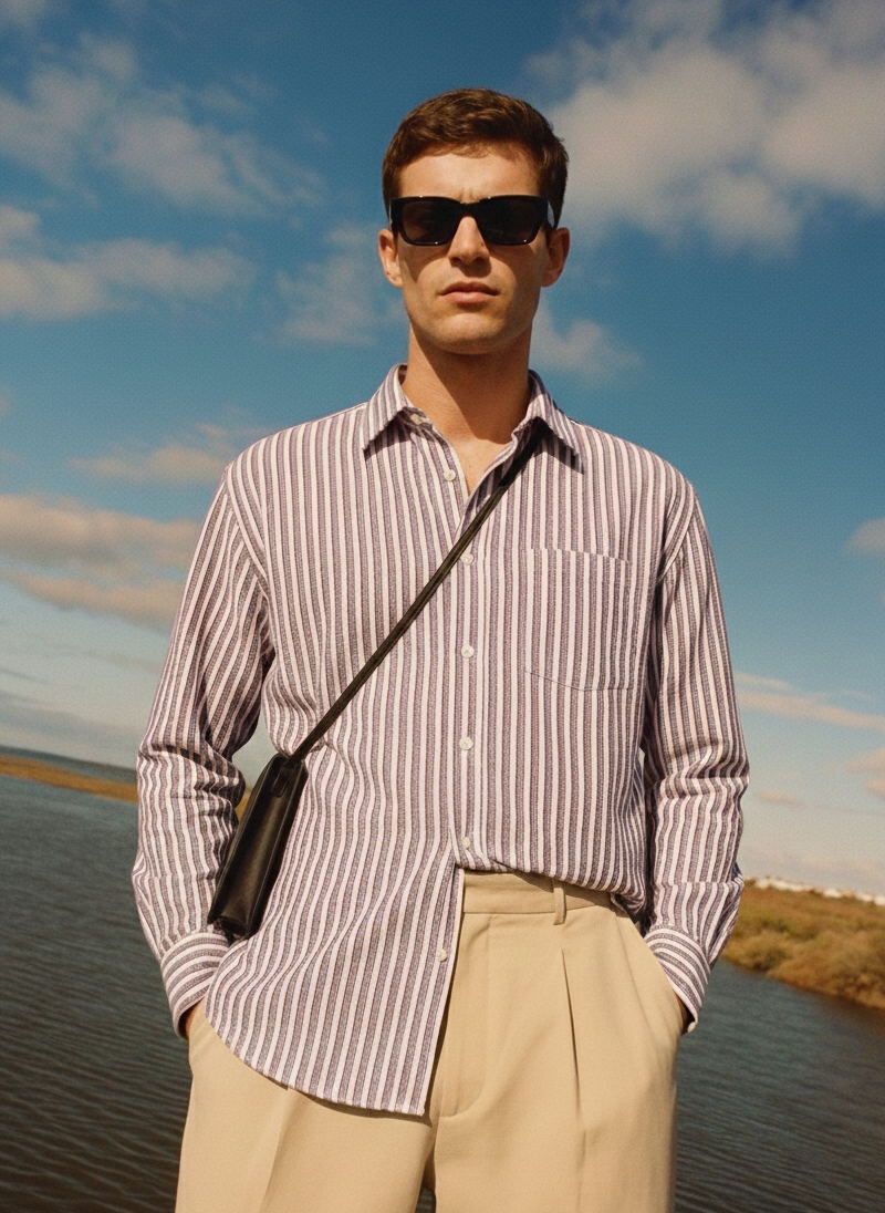 Purple and White Color Stripes Knitted Fabric Shirt