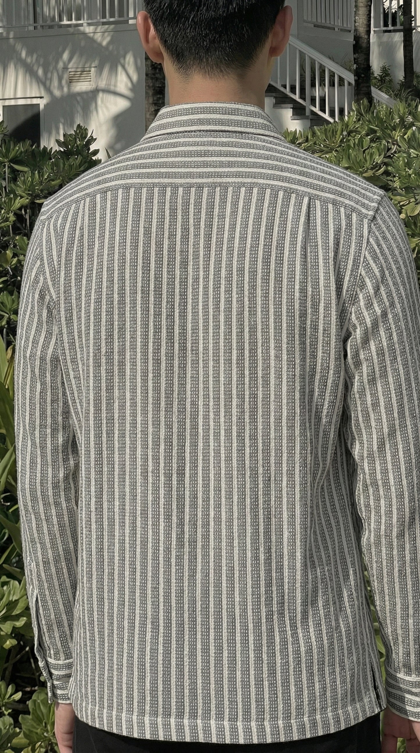 Grey and White Color Stripes Knitted Fabric Shirt