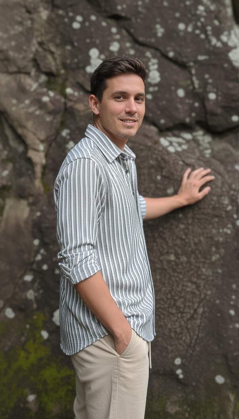 Grey and White Color Stripes Knitted Fabric Shirt