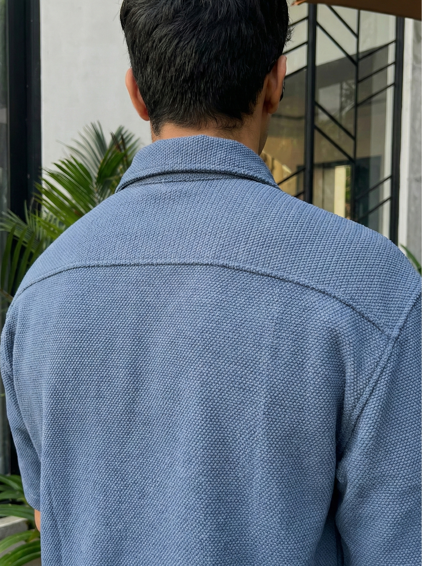 Blue Color Textured Design Jacquard Fabric Shirt