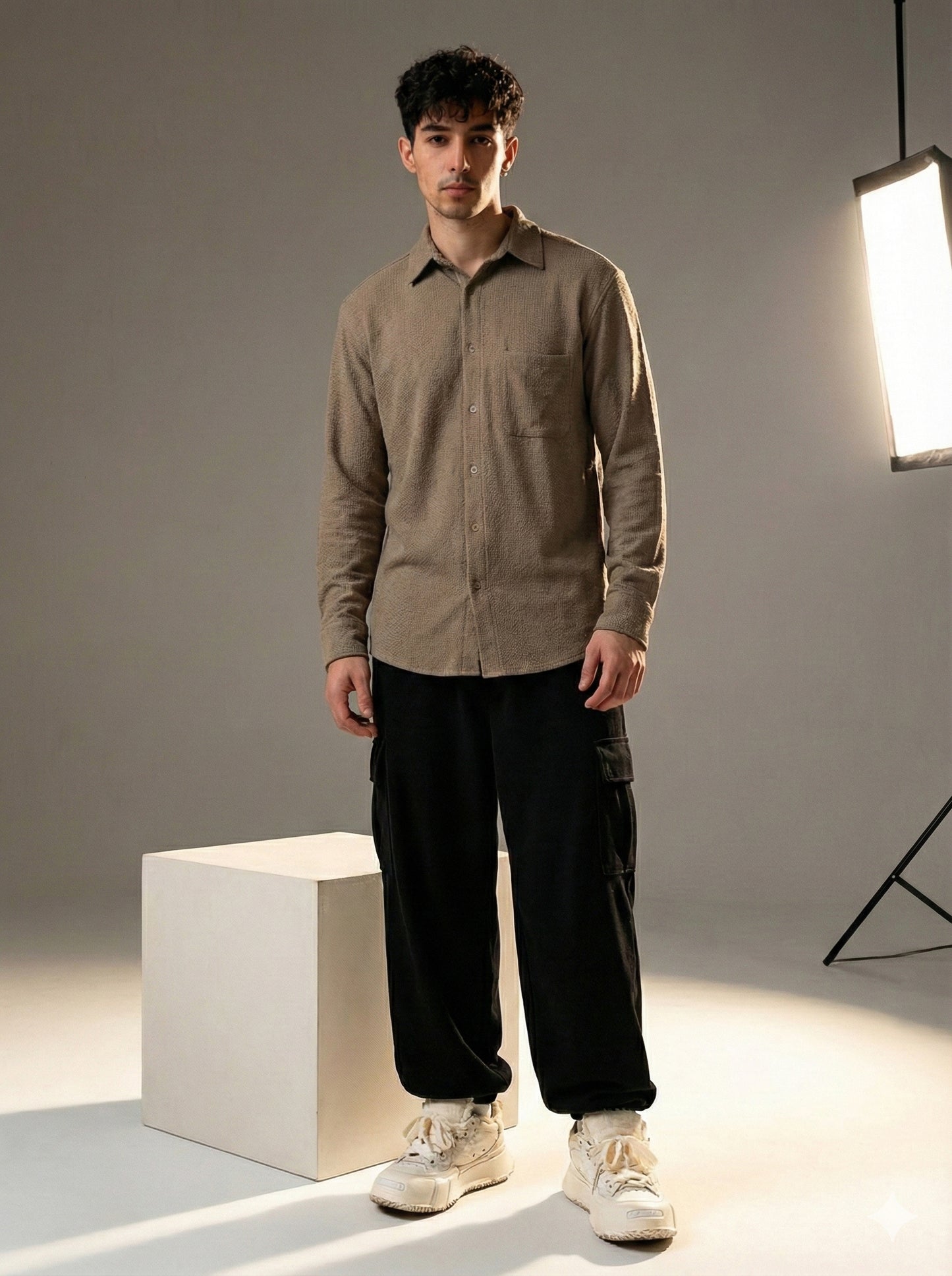 Brown Color Textured Design Jacquard Fabric Shirt