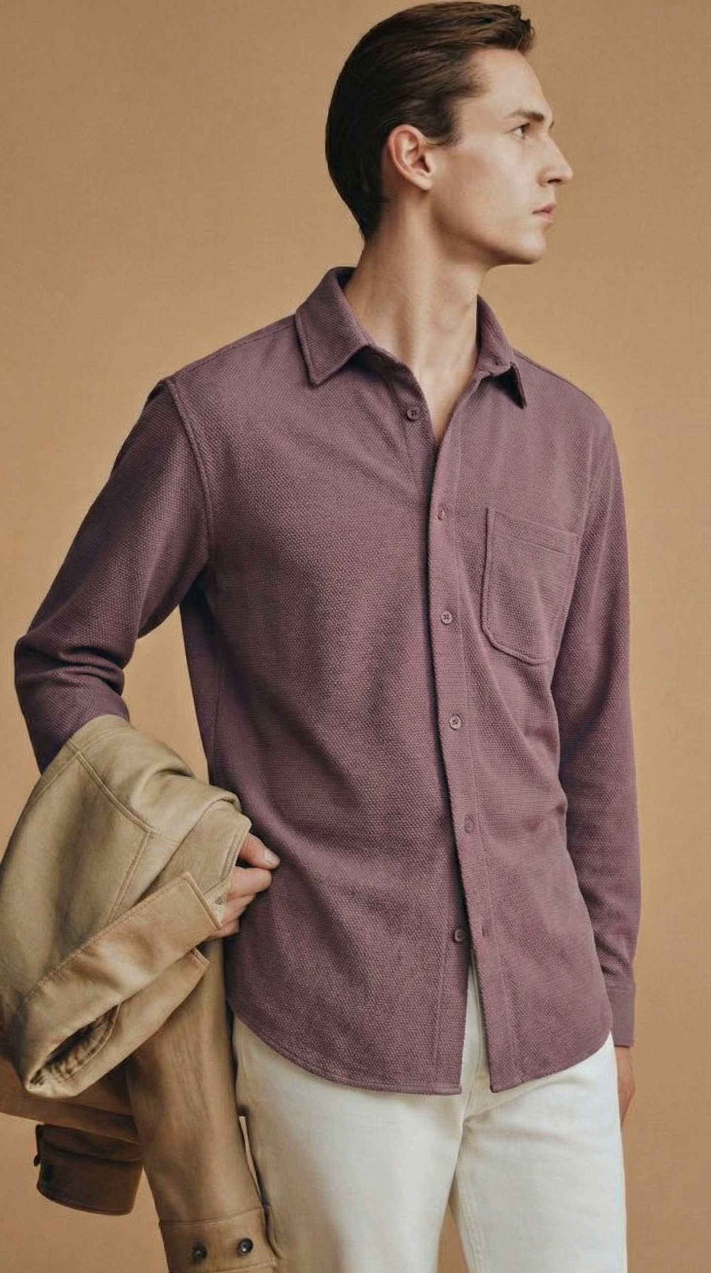 Mauve Color Textured Design Jacquard Fabric Shirt