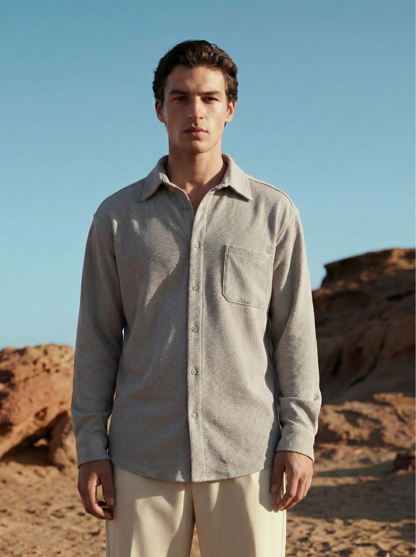 Grey Color Textured Design Jacquard Fabric Shirt