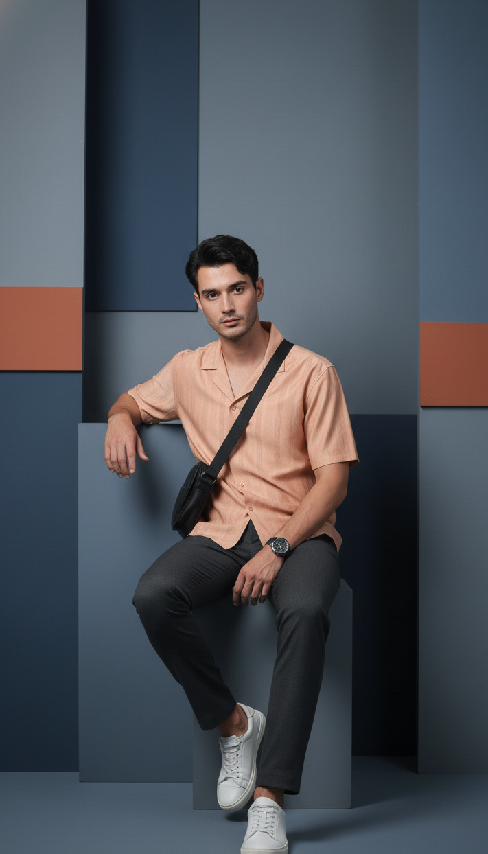 Half Sleeves Apricot Color Striped Self Design Knitted Shirt