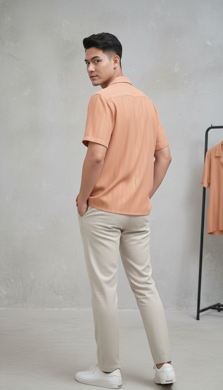 Half Sleeves Apricot Color Striped Self Design Knitted Shirt