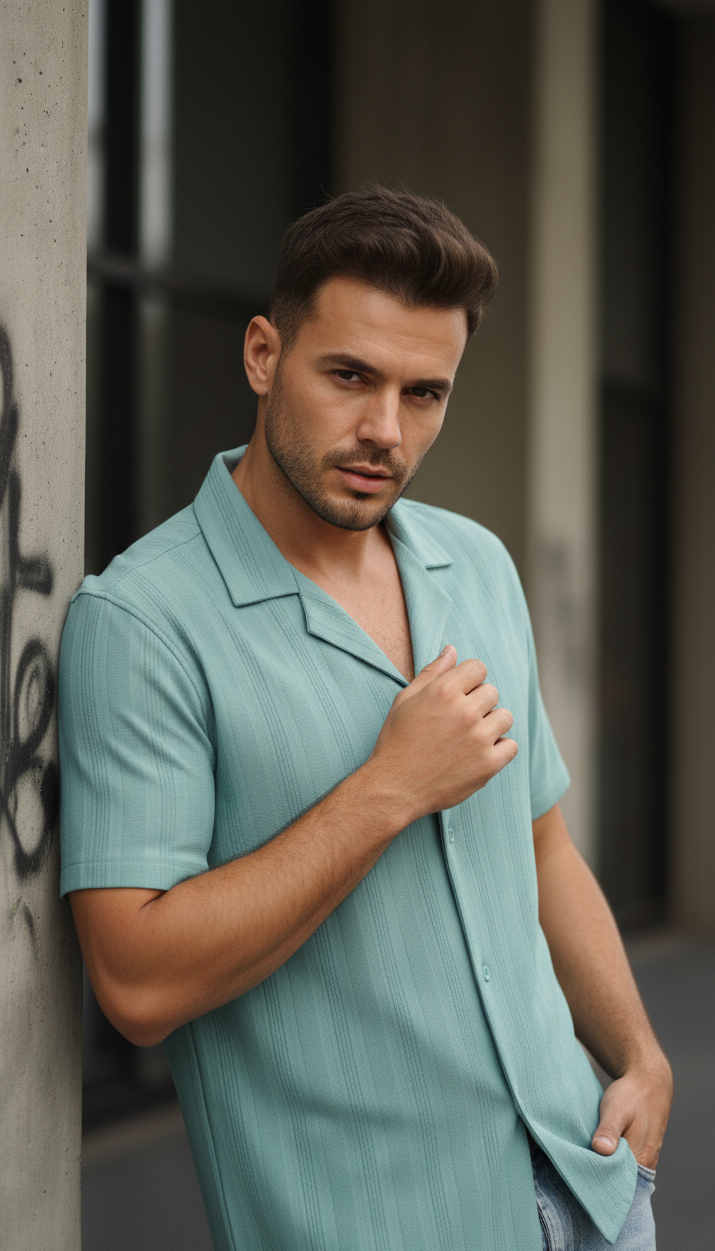 Half Sleeves Cyan Color Striped Self Design Knitted Shirt