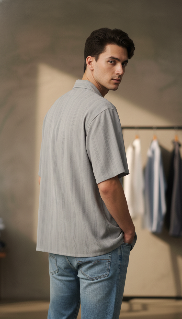 Half Sleeves Grey Color Striped Self Design Knitted Shirt