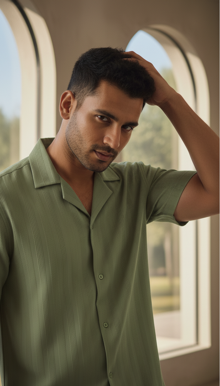 Half Sleeves Light Green Color Striped Self Design Knitted Shirt