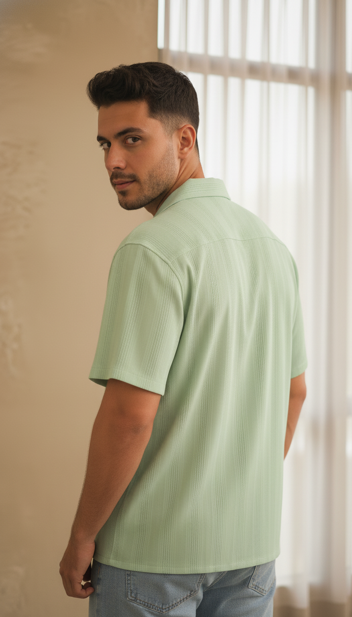 Half Sleeves Lime Color Striped Self Design Knitted Shirt