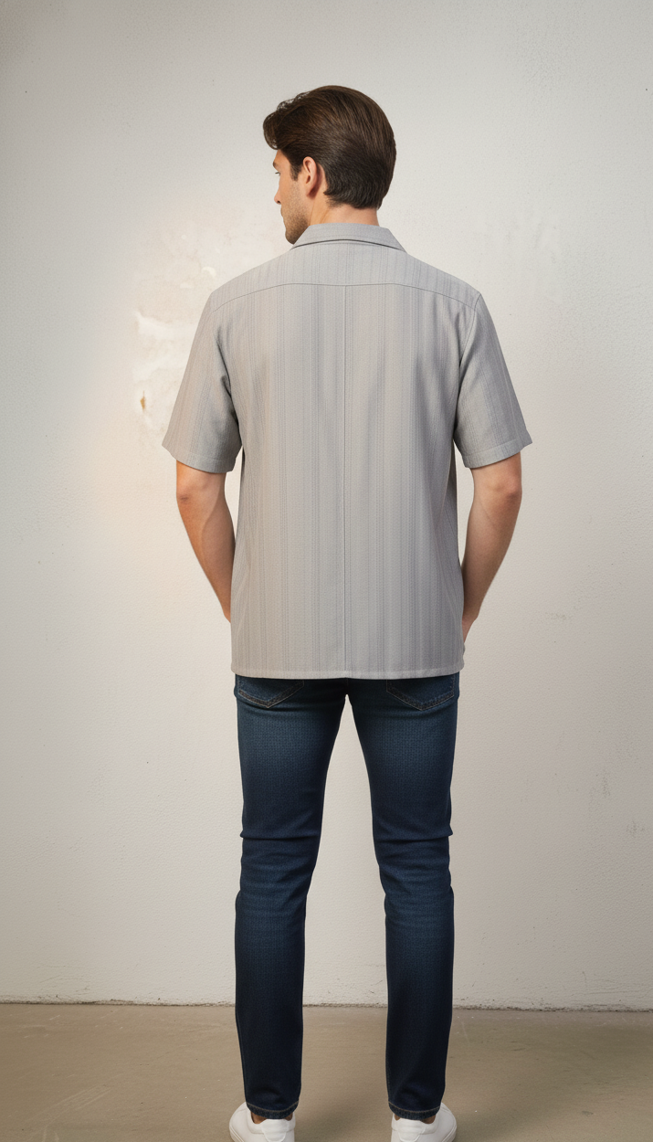 Half Sleeves Grey Color Striped Self Design Knitted Shirt