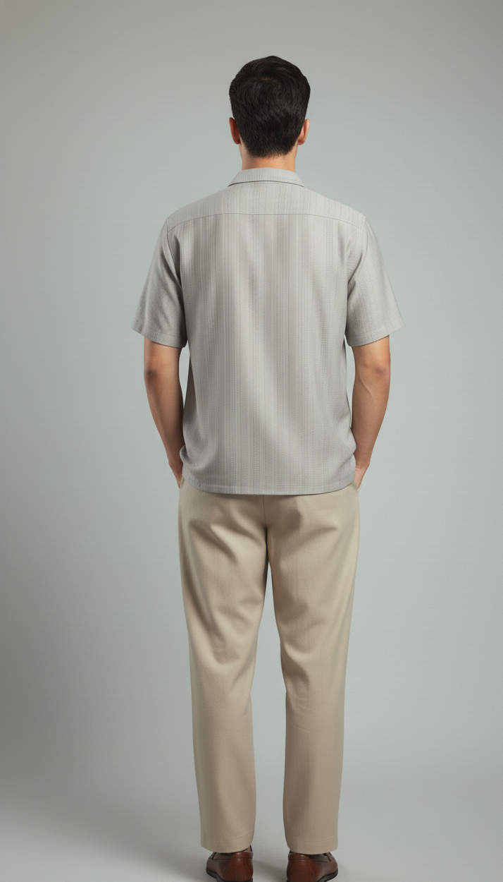 Half Sleeves Grey Color Striped Self Design Knitted Shirt