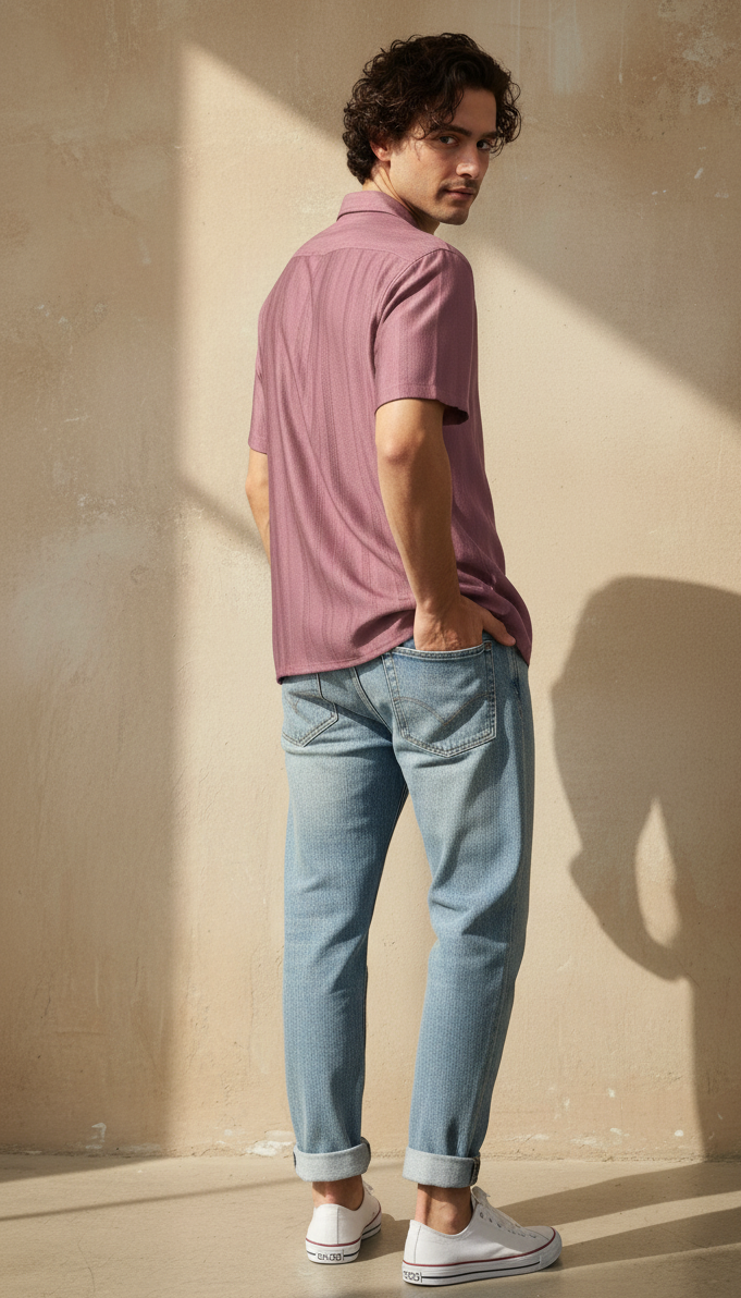 Half Sleeves Mauve Color Striped Self Design Knitted Shirt