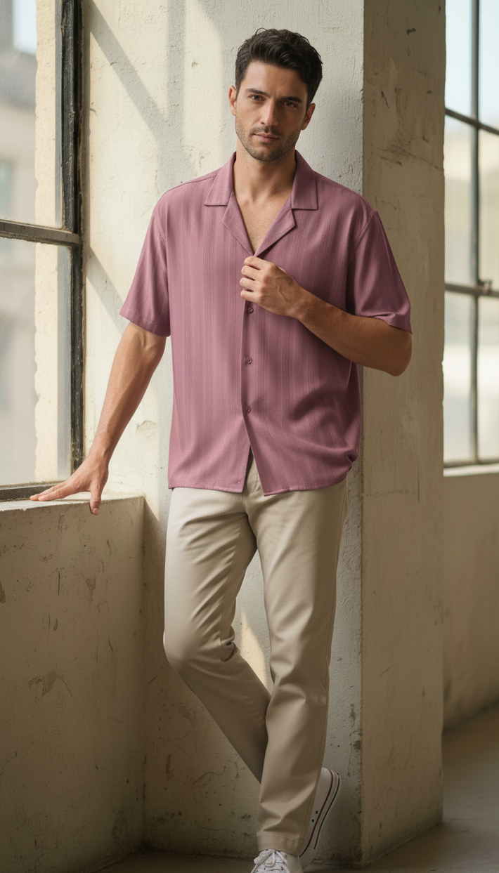 Half Sleeves Mauve Color Striped Self Design Knitted Shirt