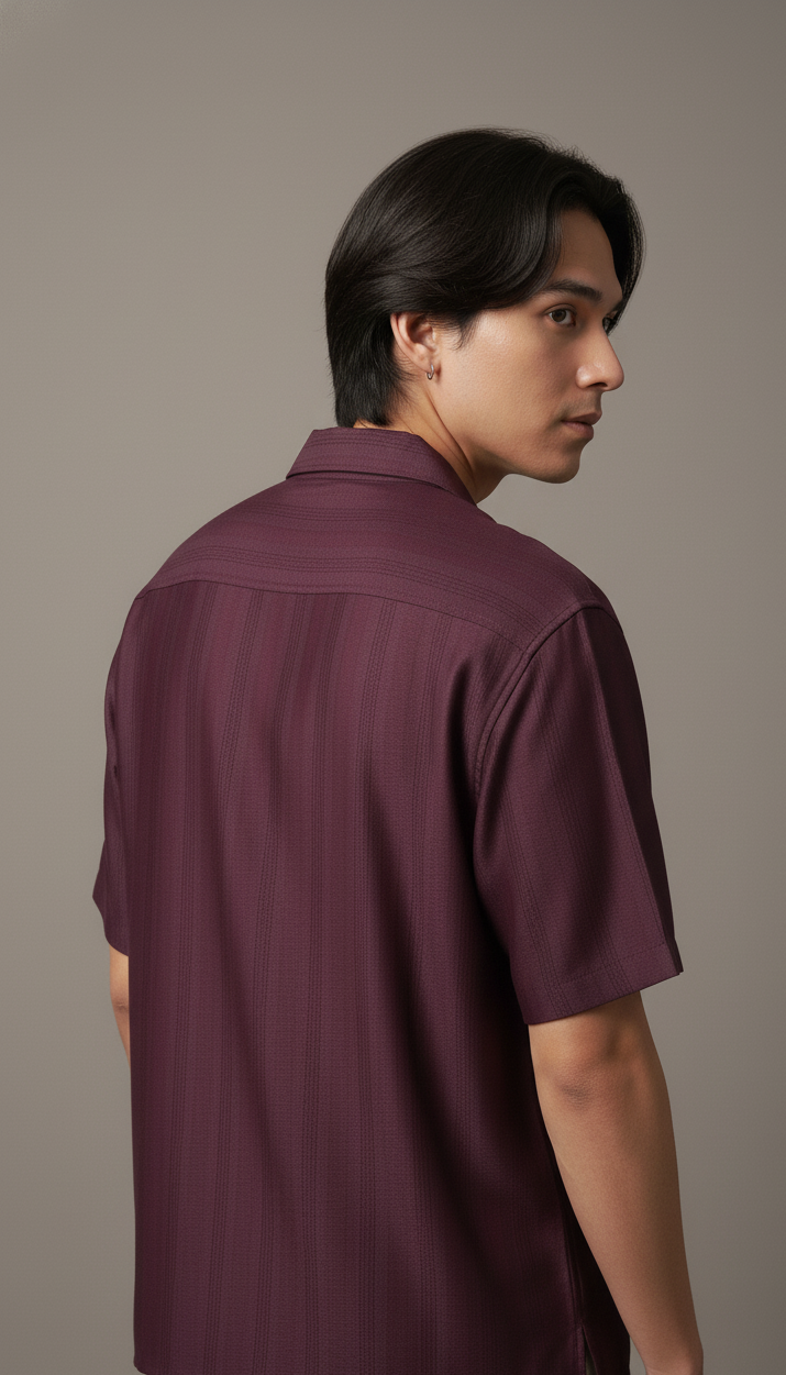 Half Sleeves Wine Color Striped Self Design Knitted Shirt