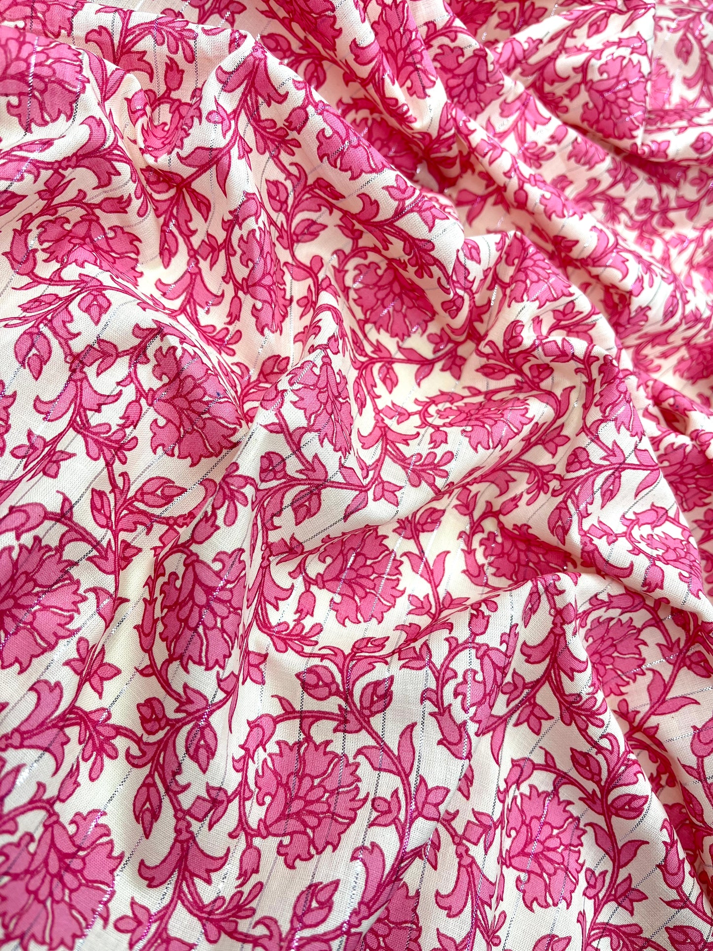 Pink Flower with Beige Color Print Pure Cotton Fabric (Width 42 Inches)