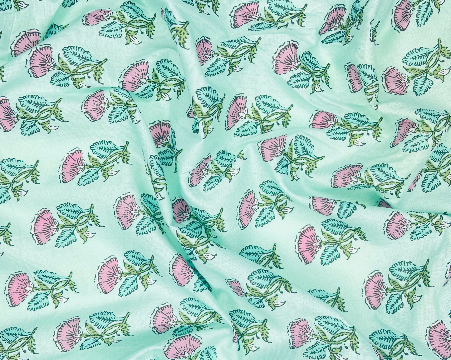 Ocean Color Flower Print Pure Jaipuri Cotton Fabric (Width 42 Inches)