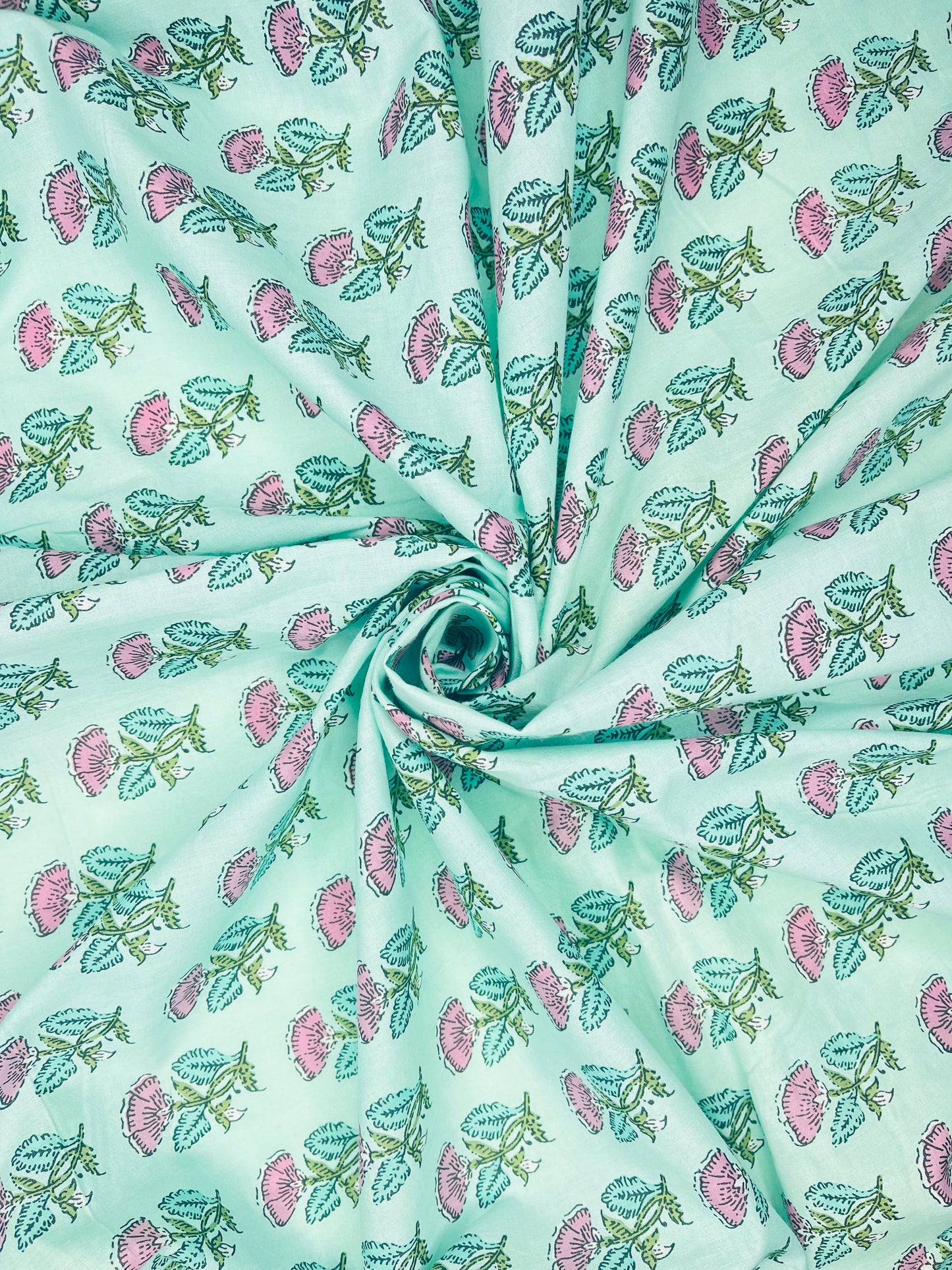 Ocean Color Flower Print Pure Jaipuri Cotton Fabric (Width 42 Inches)