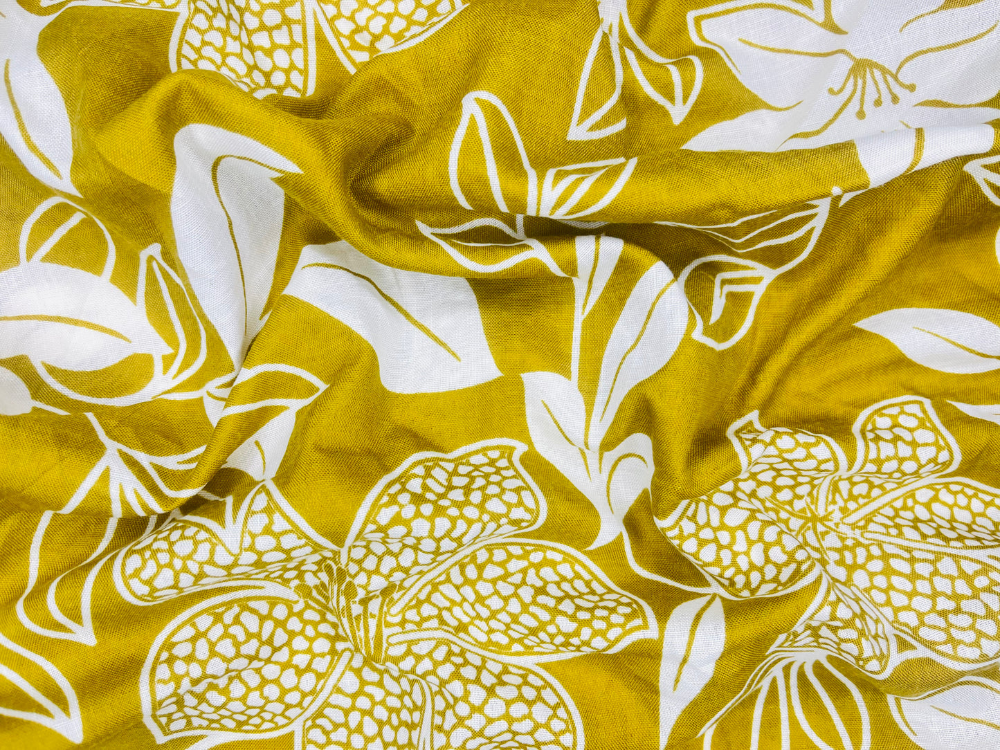 Floral Print Mustard Color Cotton Hand Loom Fabric (Width 58 Inches)