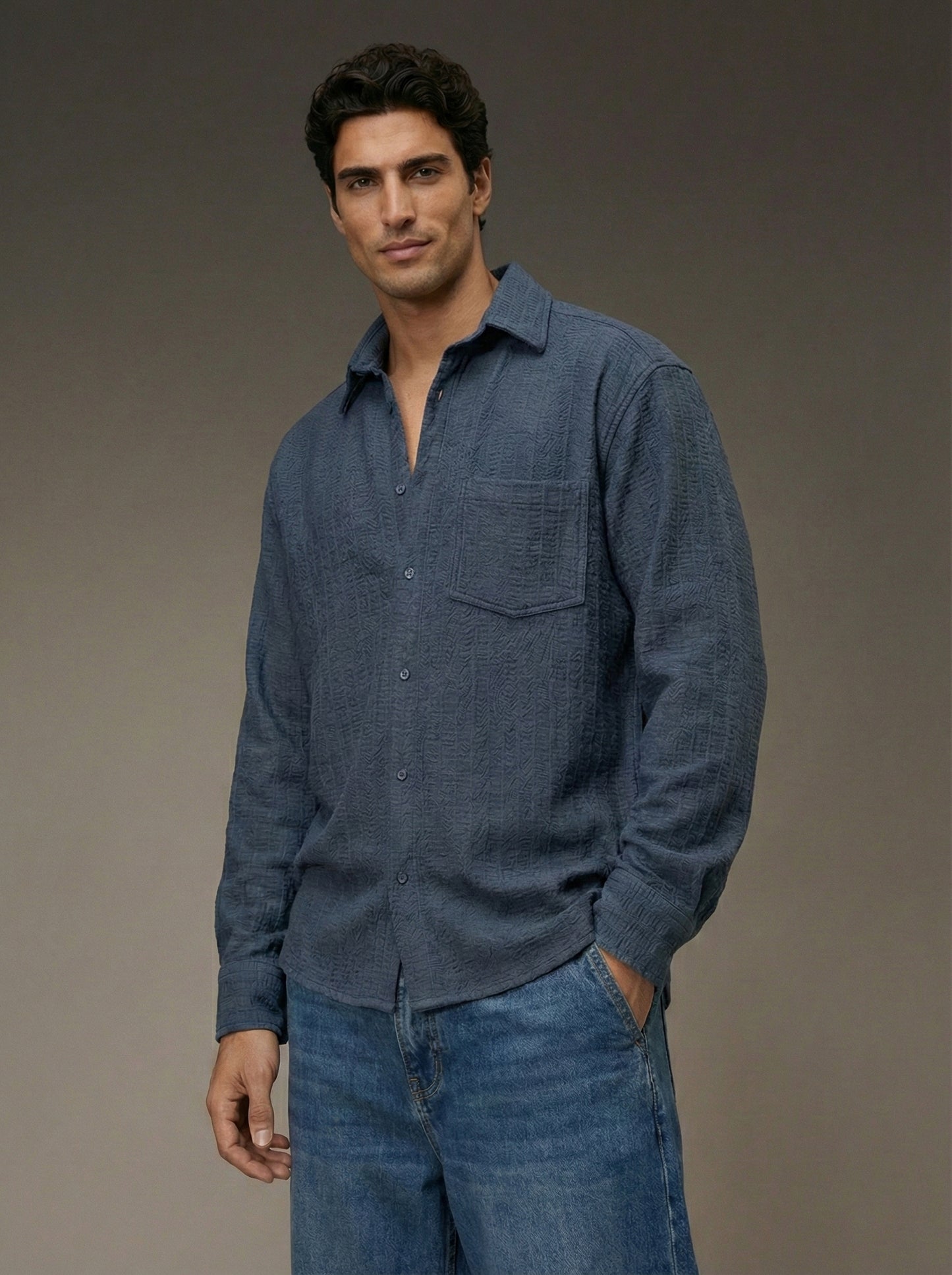 Navy Blue Color Embroidered Stripes Design Jacquard Fabric Shirt