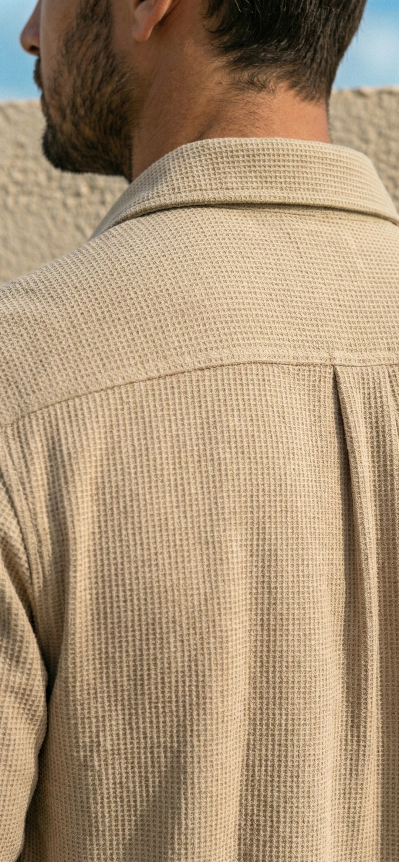 Beige Color Double Side Patch Pocket Knitted Fabric Shirt