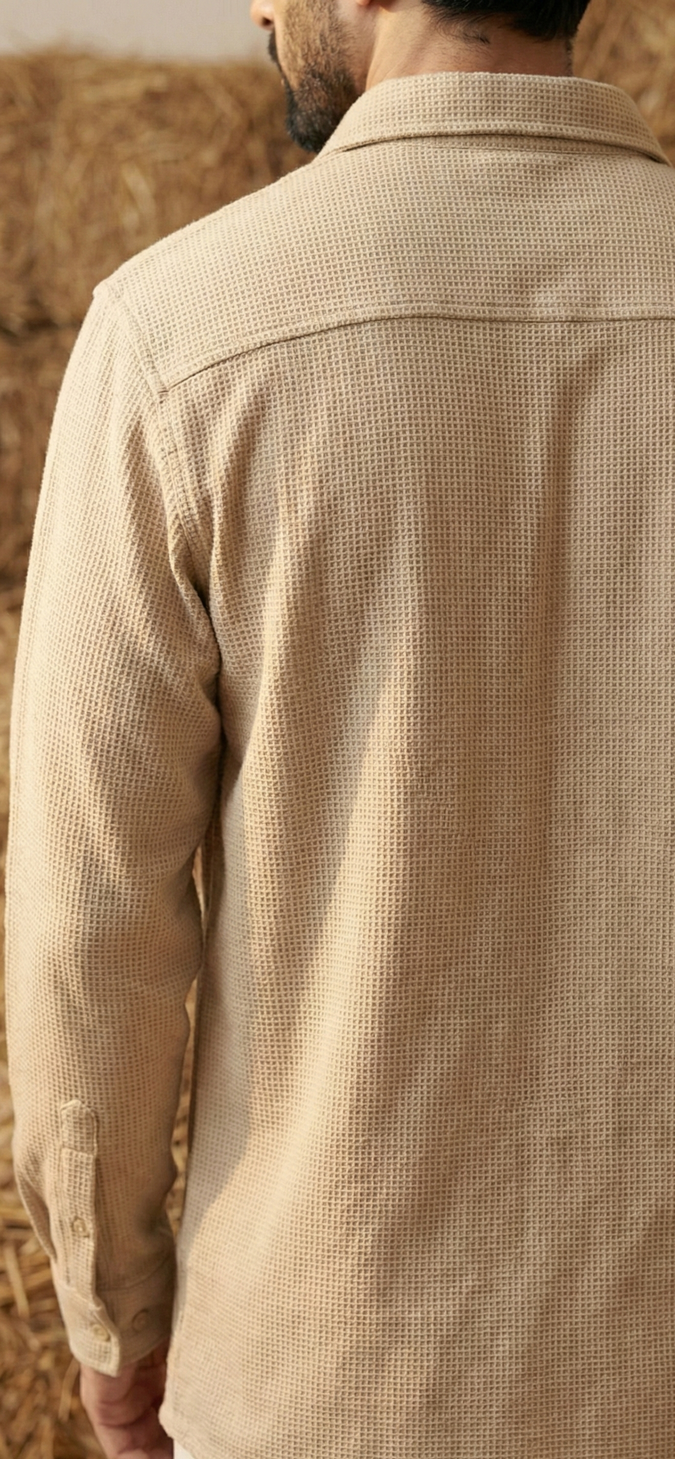 Beige Color Double Side Patch Pocket Knitted Fabric Shirt