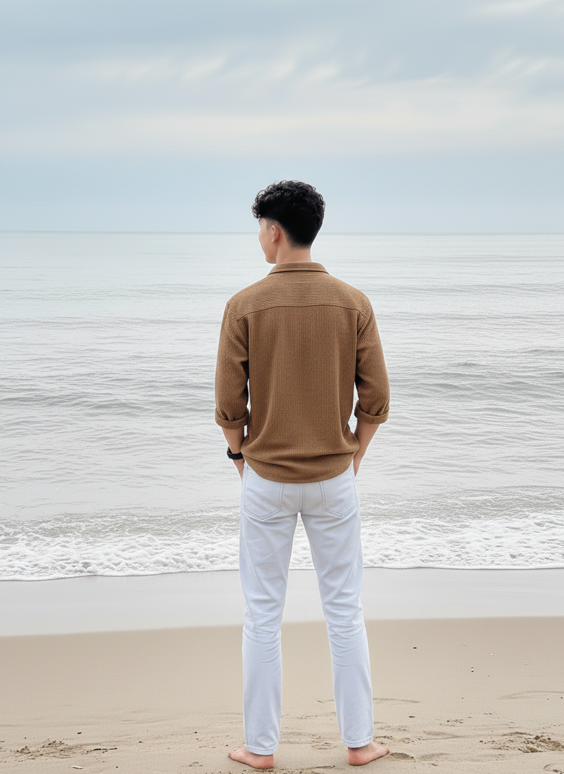 Camel Brown Color Double Side Patch Pocket Knitted Fabric Shirt