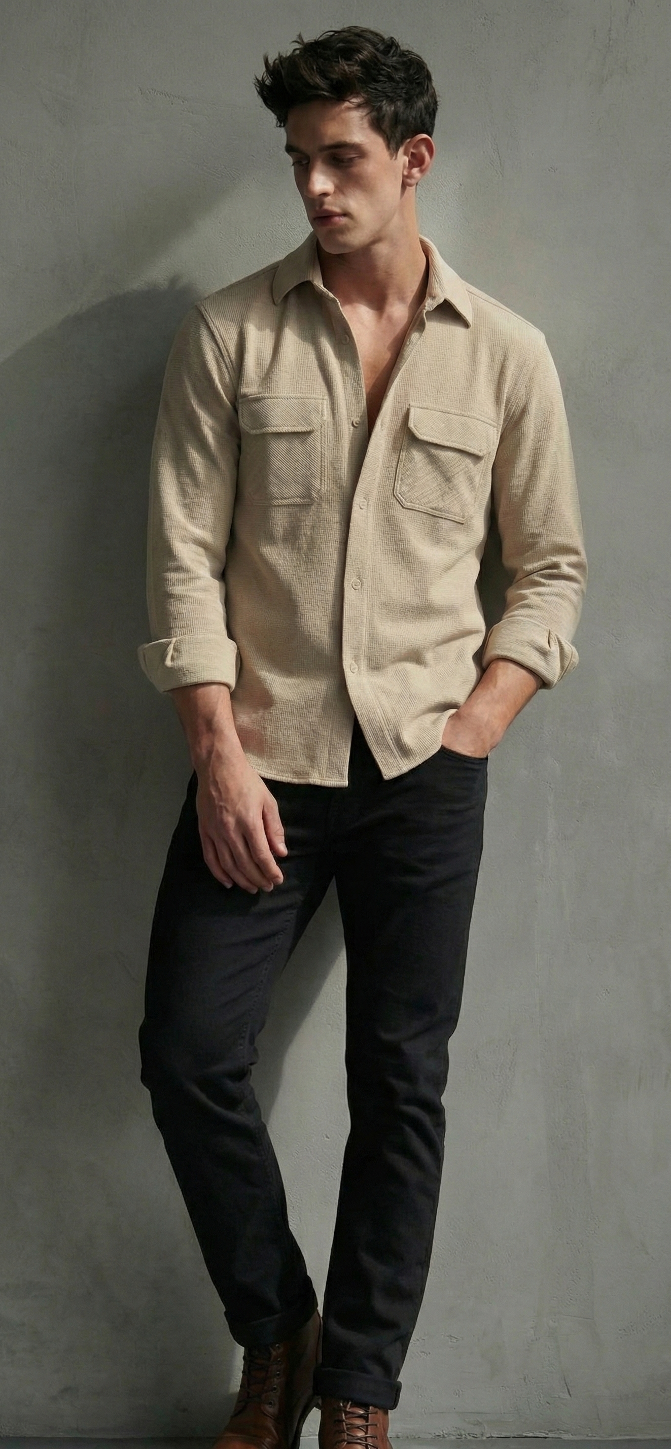 Beige Color Double Side Patch Pocket Knitted Fabric Shirt
