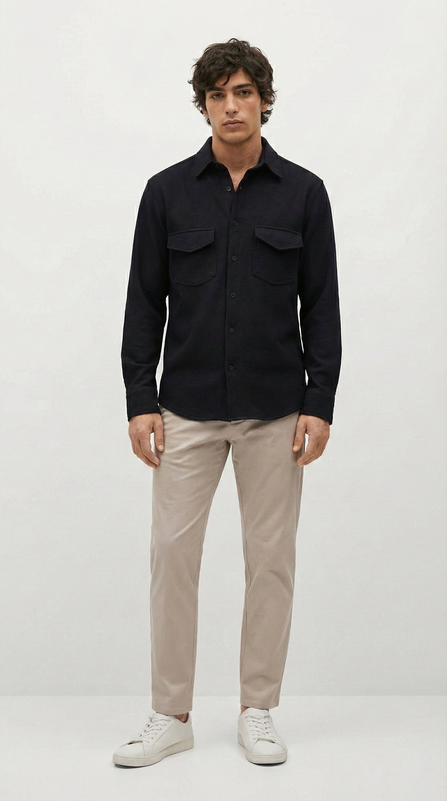 Black Color Double Side Patch Pocket Knitted Fabric Shirt