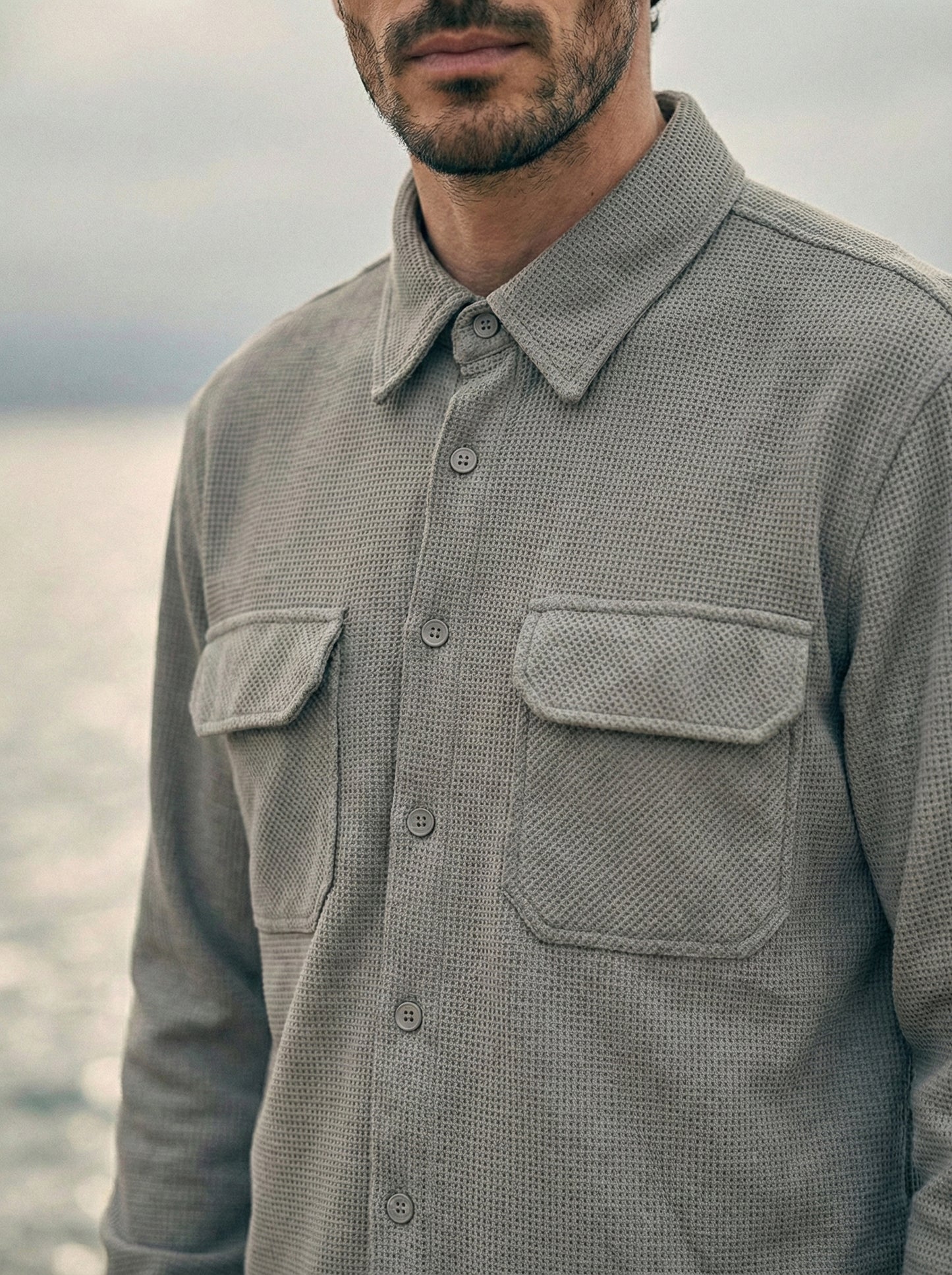 Grey Color Double Side Patch Pocket Knitted Fabric Shirt