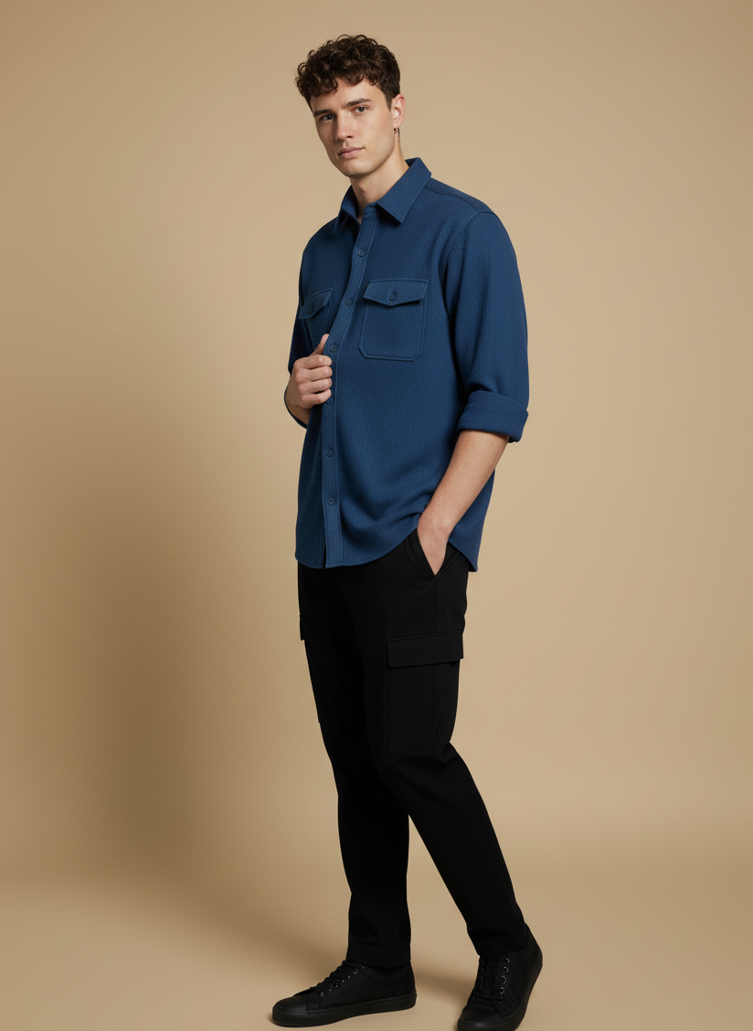 Dark Blue Color Double Side Patch Pocket Knitted Fabric Shirt