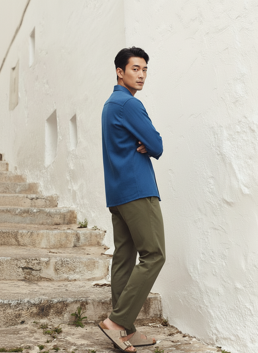 Dark Blue Color Double Side Patch Pocket Knitted Fabric Shirt