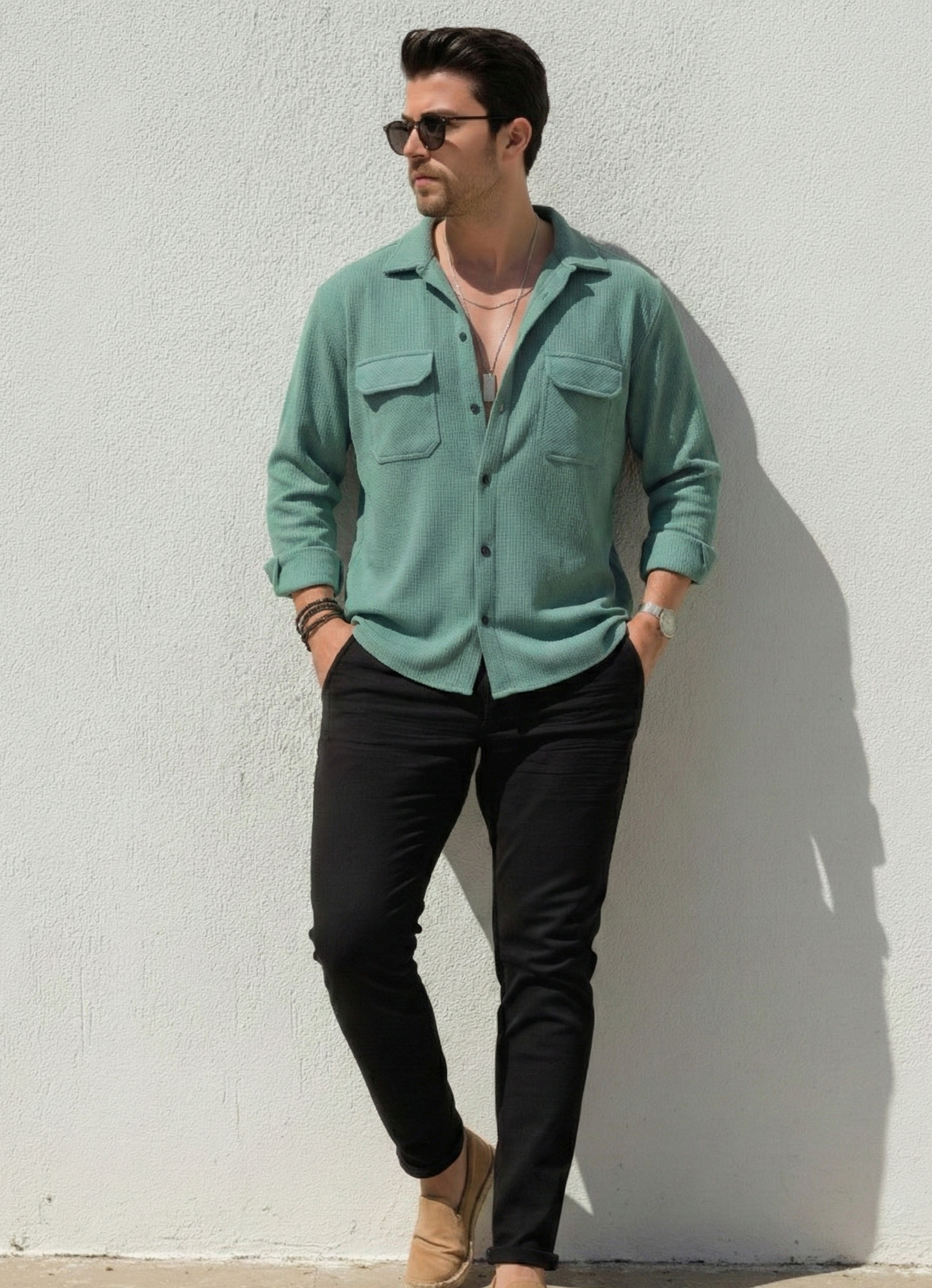 Sea Green Color Double Side Patch Pocket Knitted Fabric Shirt