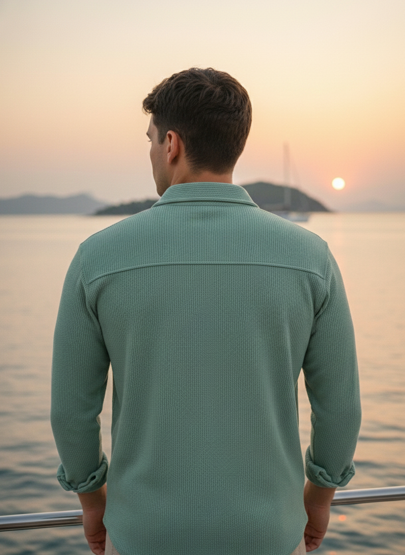 Sea Green Color Double Side Patch Pocket Knitted Fabric Shirt