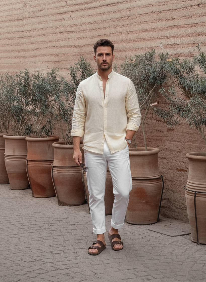 Regular Fit cream color Solid linen fabric Shirt