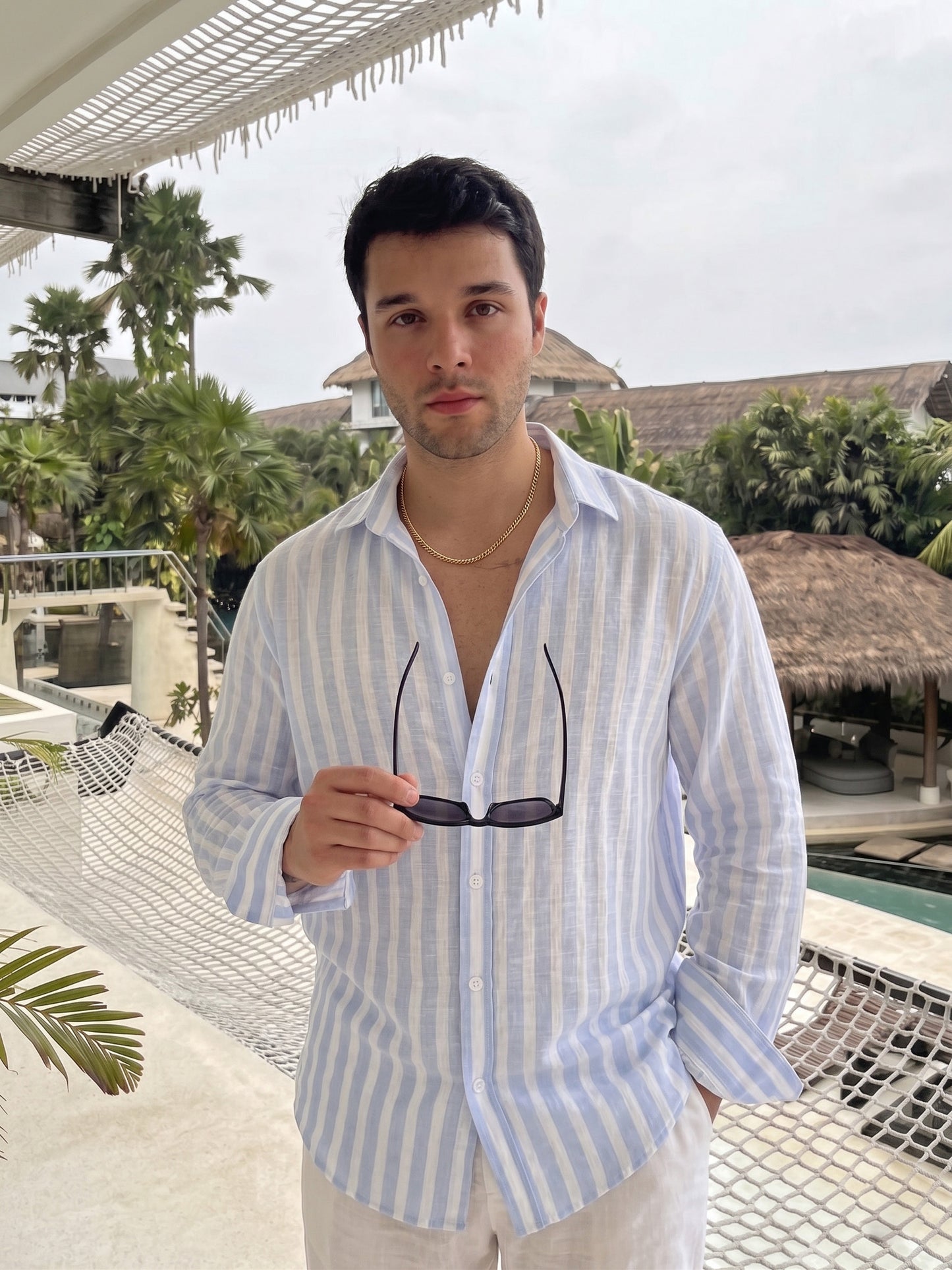 Men's Blue And White Stripe Linen Shirt