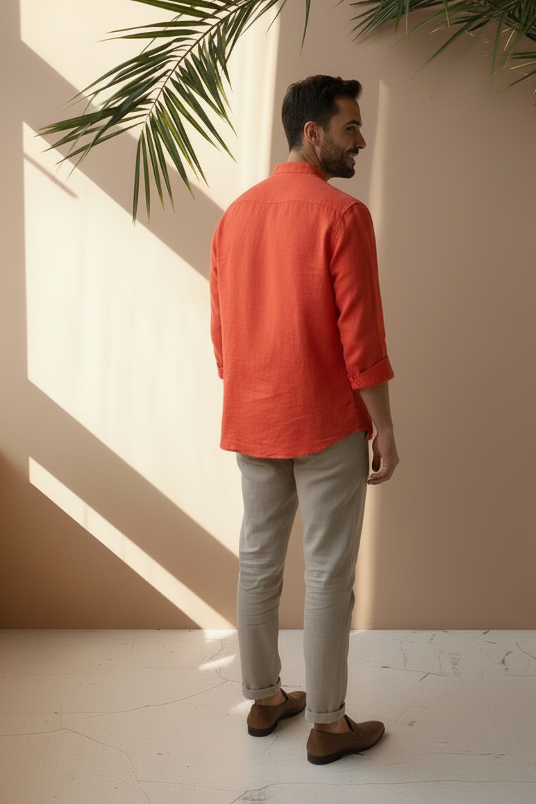 Regular Fit cream color Solid linen fabric Shirt