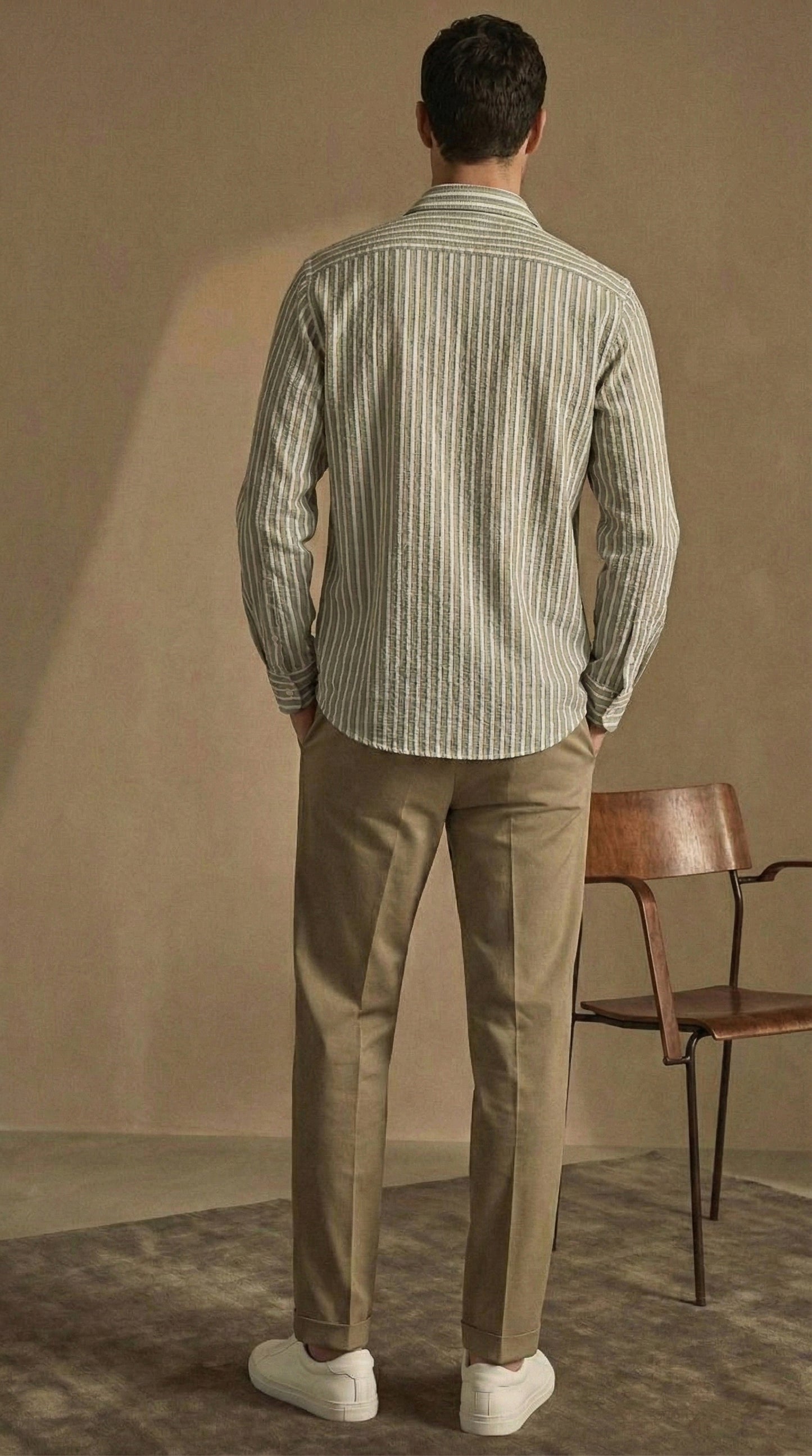 Olive and White Color Stripes Knitted Fabric Shirt