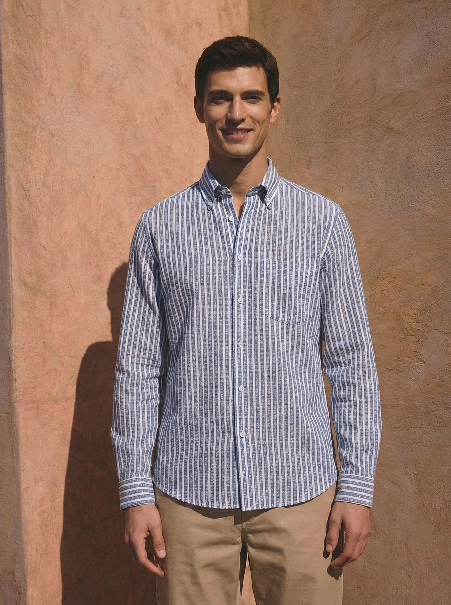 Sky Blue and White Color Stripes Knitted Fabric Shirt