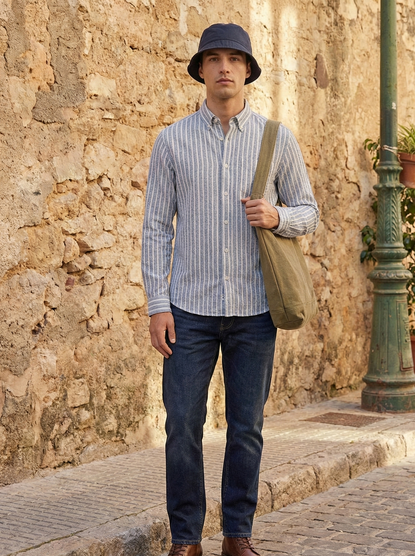 Sky Blue and White Color Stripes Knitted Fabric Shirt