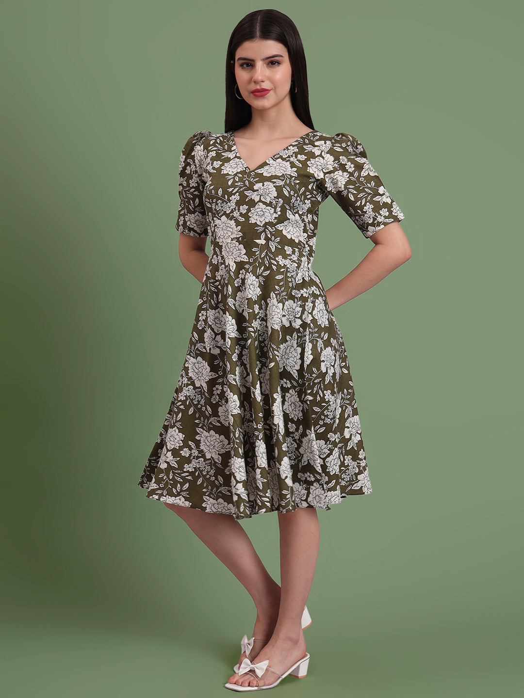 Puff Sleeves Cotton Knee Length Dress
