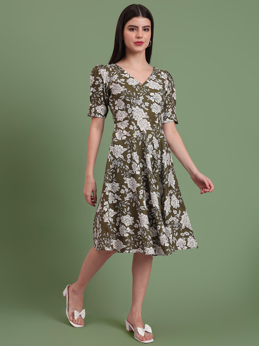 Puff Sleeves Cotton Knee Length Dress